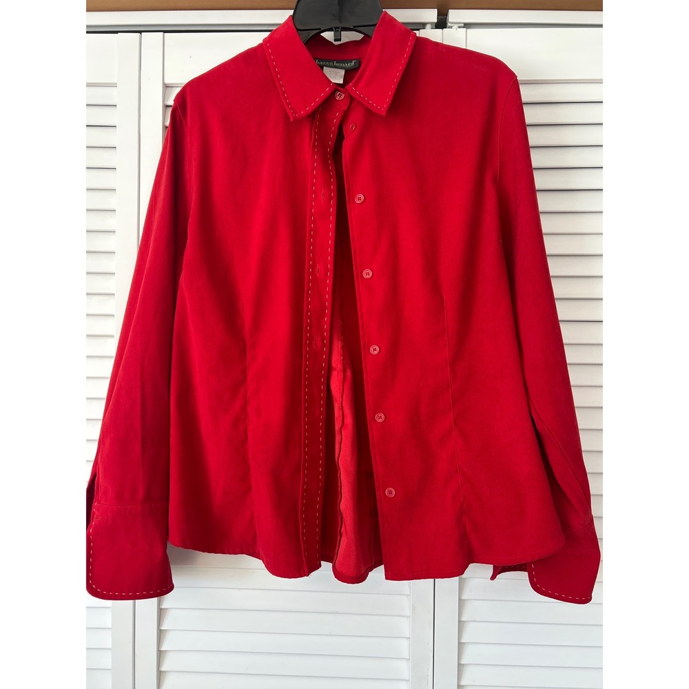Harve Benard Red Long Sleeve Button Down Shirt Top Women's‎ Stitch Detail suede